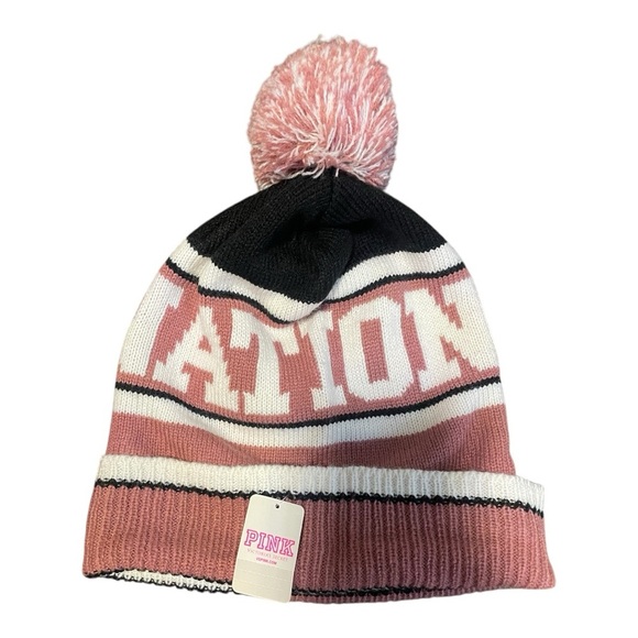 PINK Victoria's Secret Pink and Black Pom-Pom Beanie Winter Apparel - Picture 2 of 3